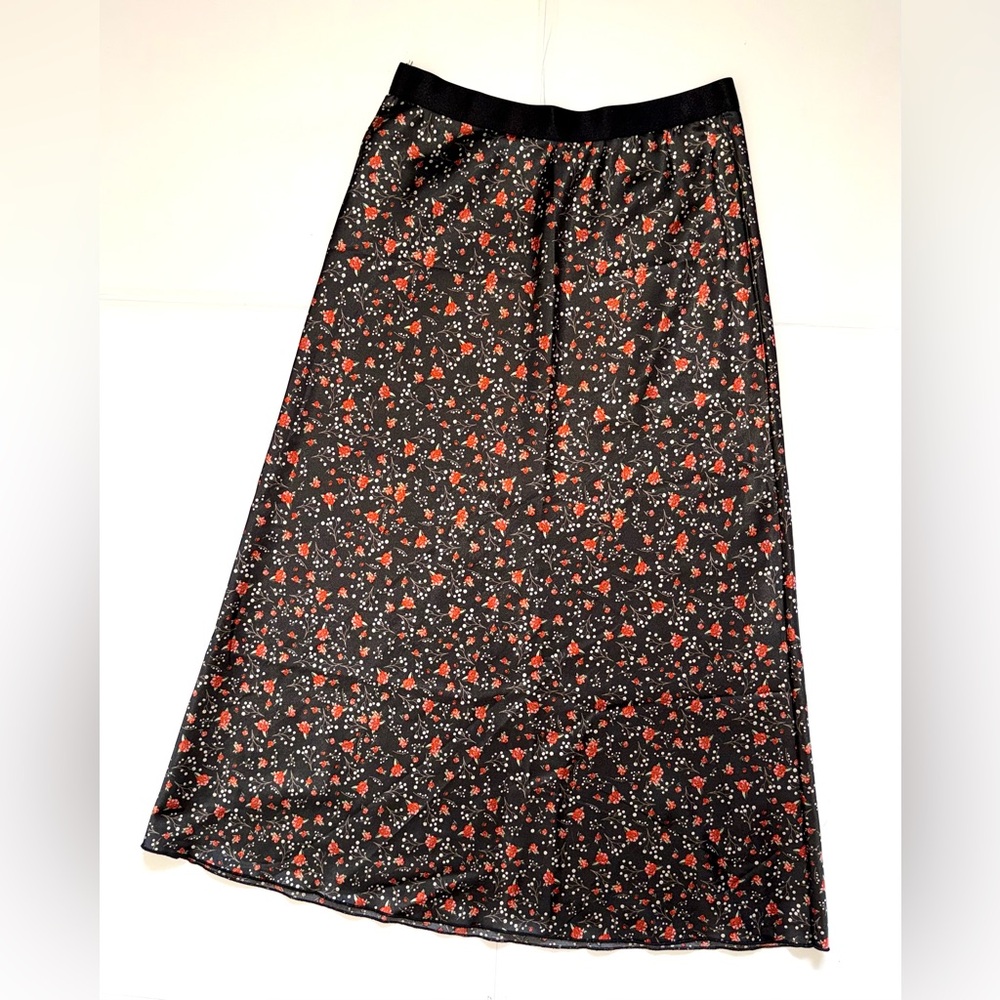 Black Floral Midi Skirt with Red Accents